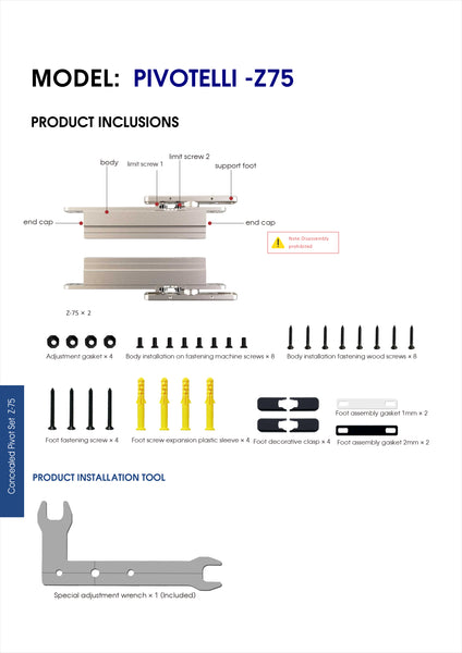 Self-Closing Pivot Hinge Closer kit  Z-PVT75 PIVOTELLI series